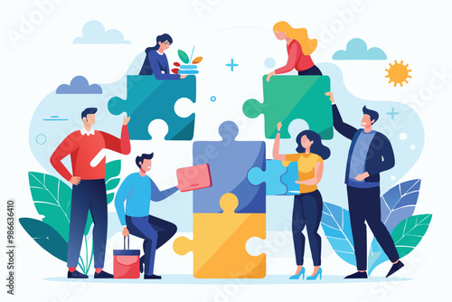 A diverse team works together to fit puzzle pieces, enhancing collaboration and problem-solving skills, Business team assembling jigsaw puzzle illustration