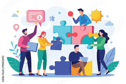 A diverse team works together, assembling a jigsaw puzzle while sharing ideas and strategies, Business team assembling jigsaw puzzle illustration