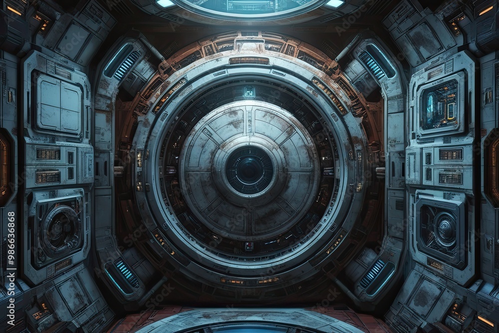 Futuristic Space Station Design with Industrial Mechanisms and Heavy Panel Elements