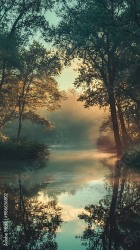 Mystical Sunrise Over a Foggy Forest Lake