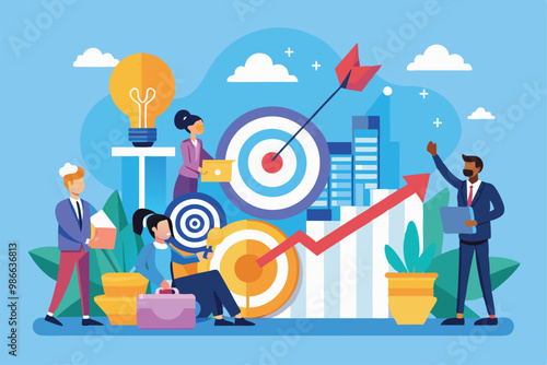 A group of professionals collaborates to analyze targets and growth trends in a bright workspace, Business time targets are trending with a flat illustration.