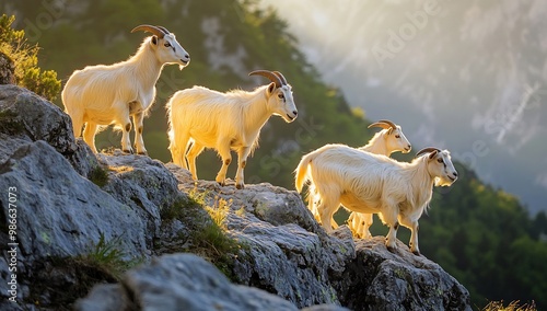 group of goats climbing on rocky outcrops in a mountainous landscape photo