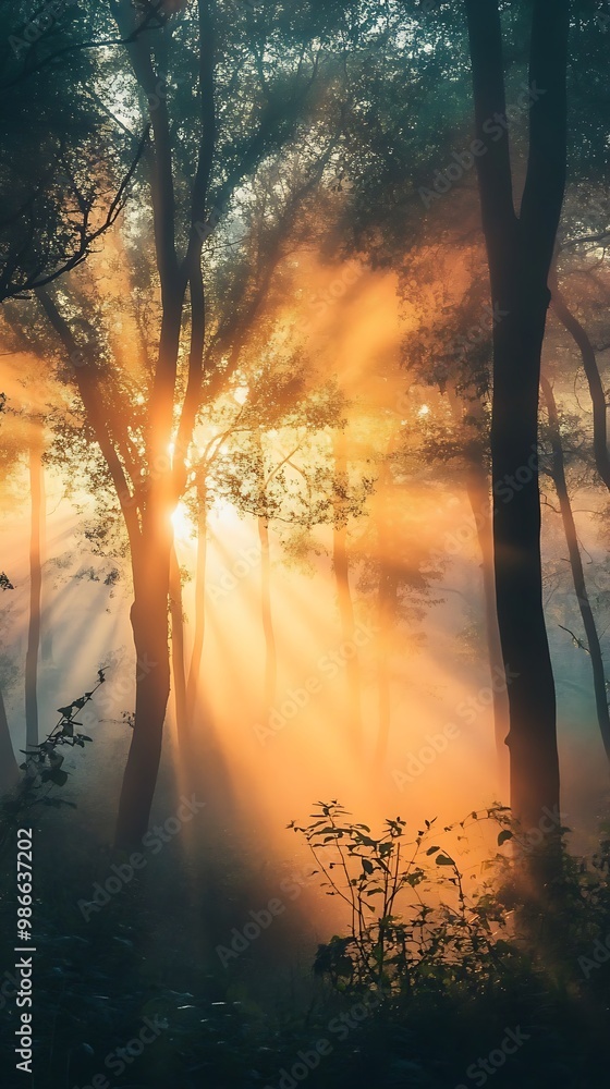 Golden Sunlight Beams Through Forest Trees at Sunrise Golden Sunlight Beams Through Forest Trees at Sunrise