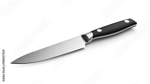 Modern, large kitchen knife isolated on a white background, with its shiny blade and well-designed handle in full view.