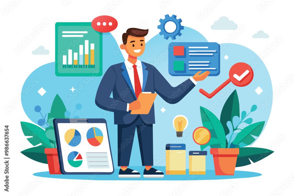 A businessman checks off trending items on a tablet while surrounded by visual data in a bright office, Businessman checking off trending items on a flat illustration. A businessman checks off trending items on a tablet while surrounded by visual data in a bright office, Businessman checking off trending items on a flat illustration.