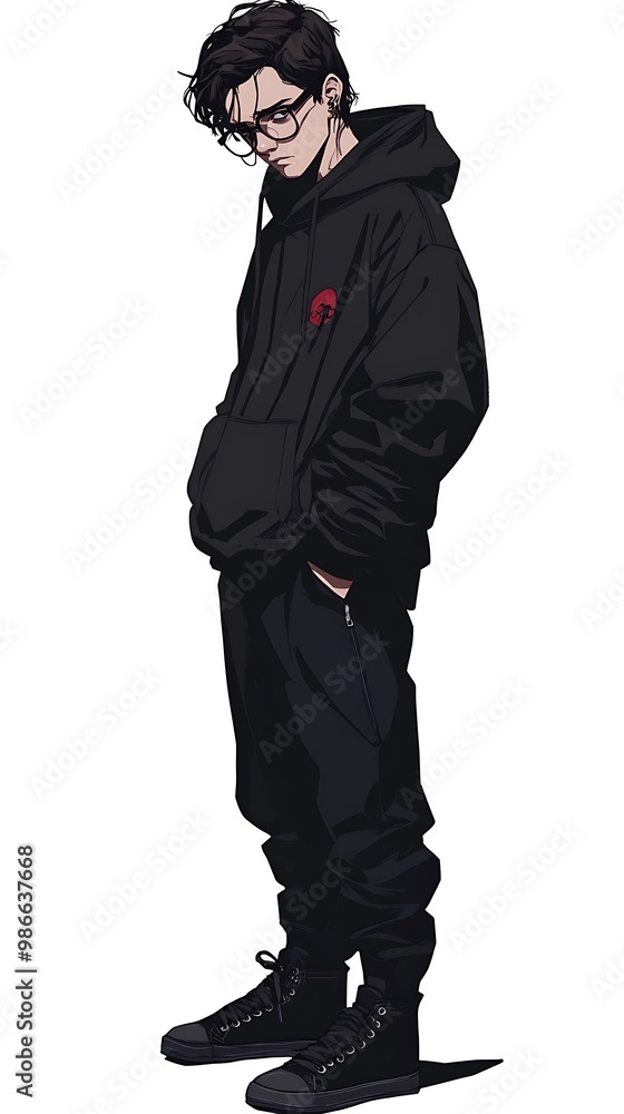 Anime Boy Character Wearing Black Hoodie and Glasses Anime Boy Character Wearing Black Hoodie and Glasses