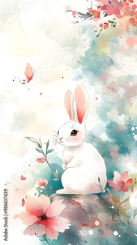 Cute White Rabbit Sitting Among Flowers Watercolor Painting