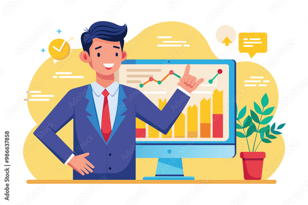 A businessman gestures towards a computer screen showcasing stock market trends and data visuals, Businessman displaying stock graph on computer screen, flat illustration. A businessman gestures towards a computer screen showcasing stock market trends and data visuals, Businessman displaying stock graph on computer screen, flat illustration.