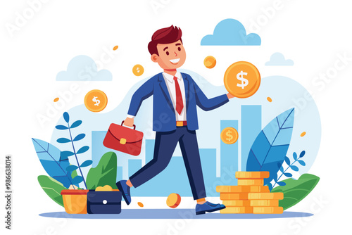 A businessman confidently walks handling finances with coins, surrounded by a bright urban backdrop, Businessman handling finances, simple illustration