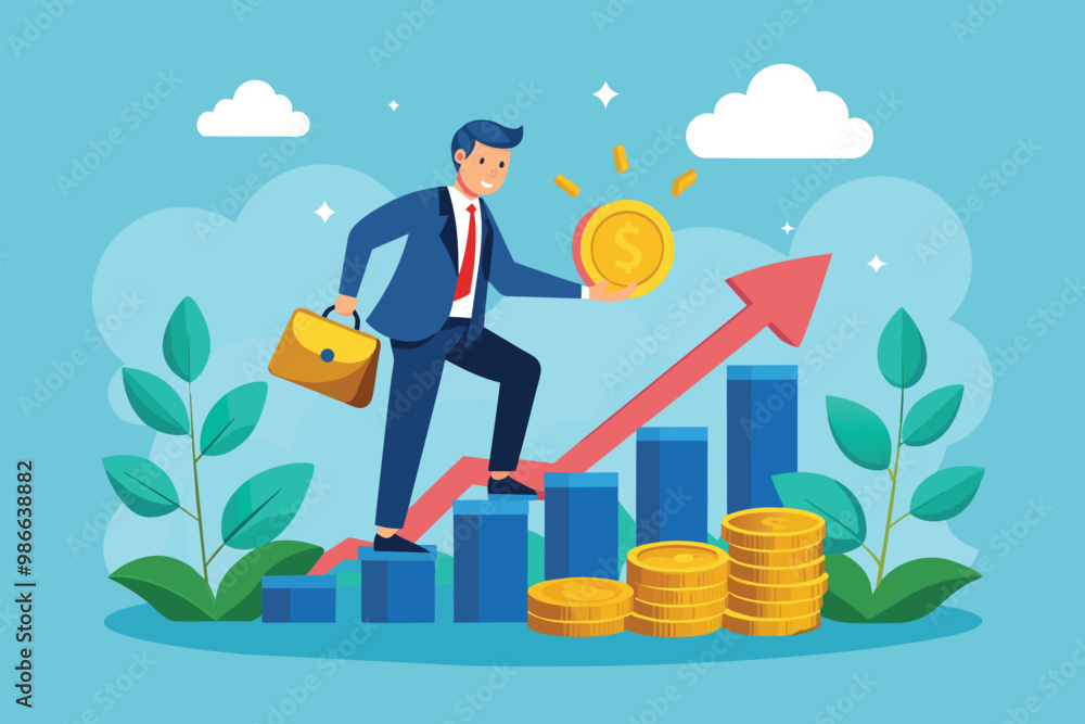 A businessman climbs a growth chart holding a coin while struggling with stagnant investment returns, Businessman invests money but growth remains stagnant. A businessman climbs a growth chart holding a coin while struggling with stagnant investment returns, Businessman invests money but growth remains stagnant.