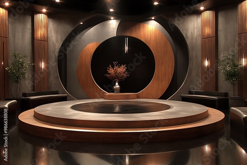 Modern circular stage with dark wood floor and metallic ring decor, ideal for TV show or presentation background photo