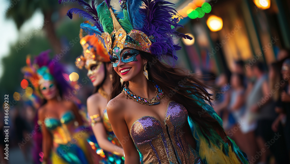 Women dressed in extravagant mardi gras costumes, parading through a lively street Women dressed in extravagant mardi gras costumes, parading through a lively street