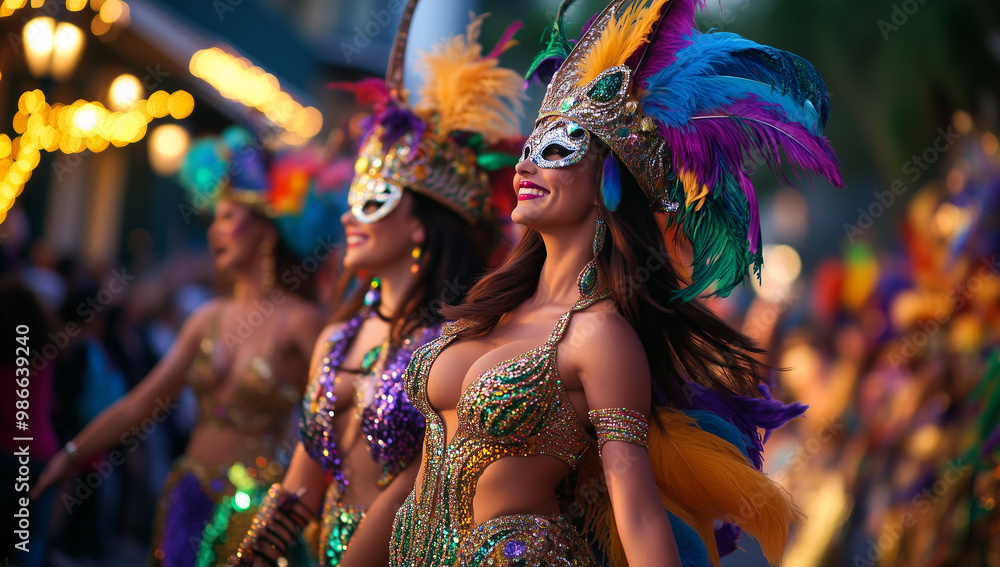 Women dressed in extravagant mardi gras costumes, parading through a lively street Women dressed in extravagant mardi gras costumes, parading through a lively street