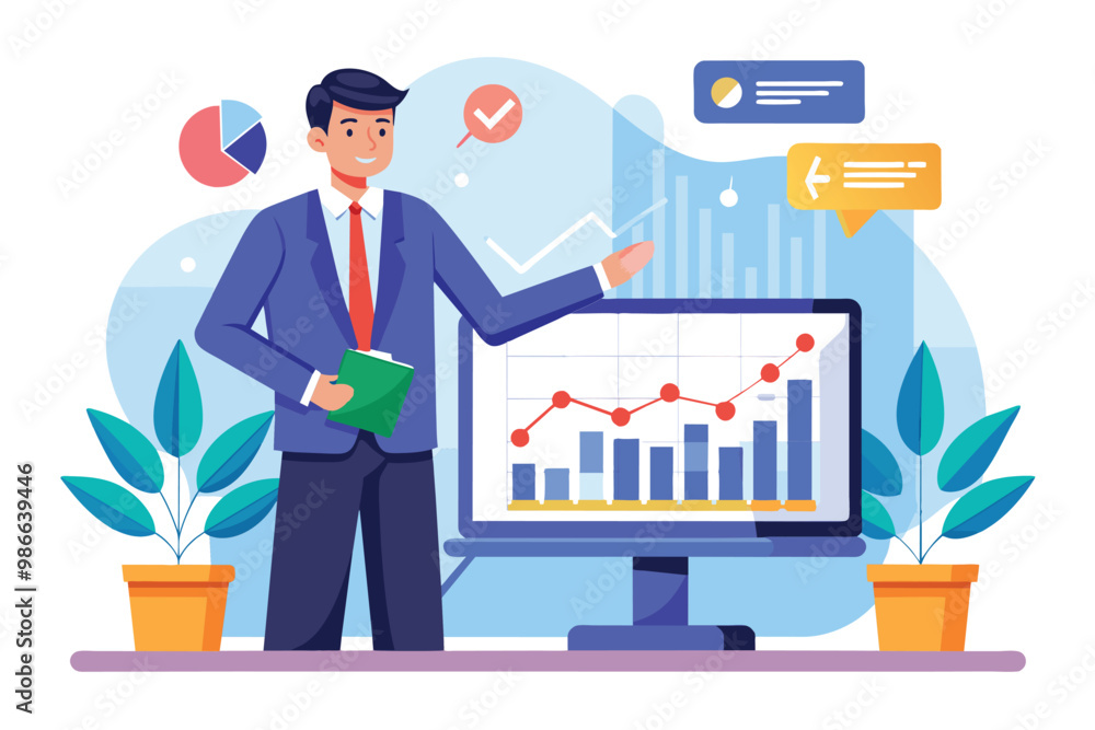 A businessman presents growth data on online trading using charts and graphs in an office environment, Businessman presents online trading growth data with time, flat Illustration. A businessman presents growth data on online trading using charts and graphs in an office environment, Businessman presents online trading growth data with time, flat Illustration.