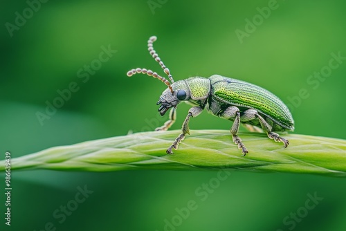 Wallpaper Mural Silver green leaf weevil beetle on grass stem  a close up of nature s intricate beauty Torontodigital.ca