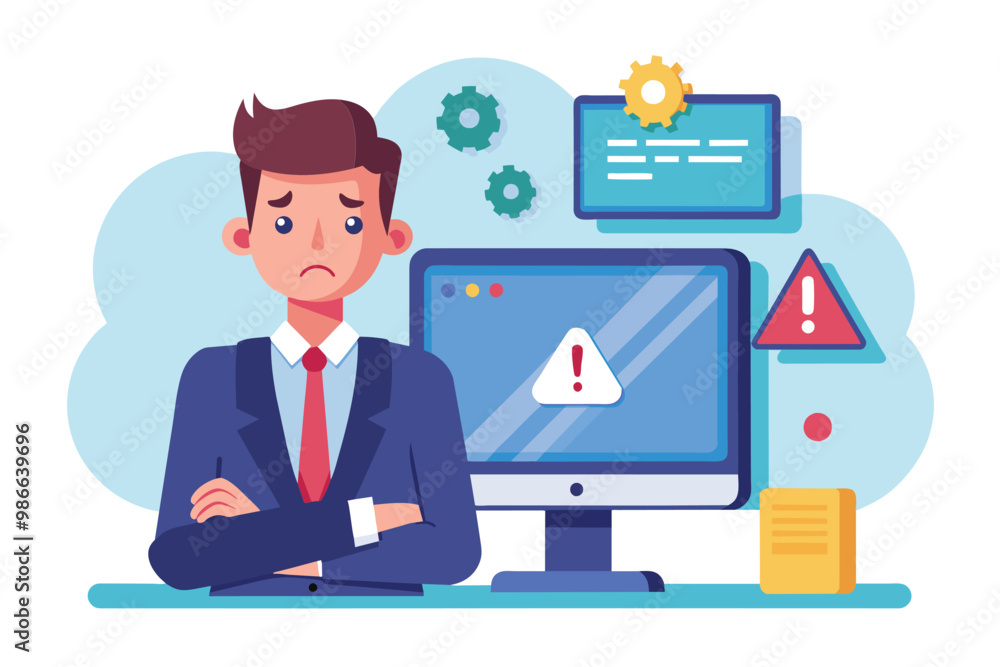 A businessman shows frustration due to a network error while trying to solve a computer issue at work, Businessman's computer has network error, flat illustration. A businessman shows frustration due to a network error while trying to solve a computer issue at work, Businessman's computer has network error, flat illustration.
