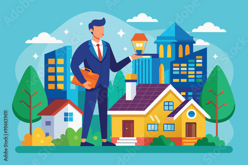 A businessman evaluates a house and apartment in a vibrant urban landscape during daylight, Businessman purchasing popular house and flat illustration.