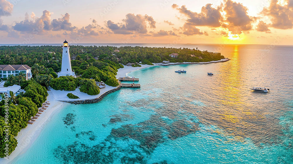 Fototapeta premium a stunning aerial view of a Maldives lighthouse resort at golden hour