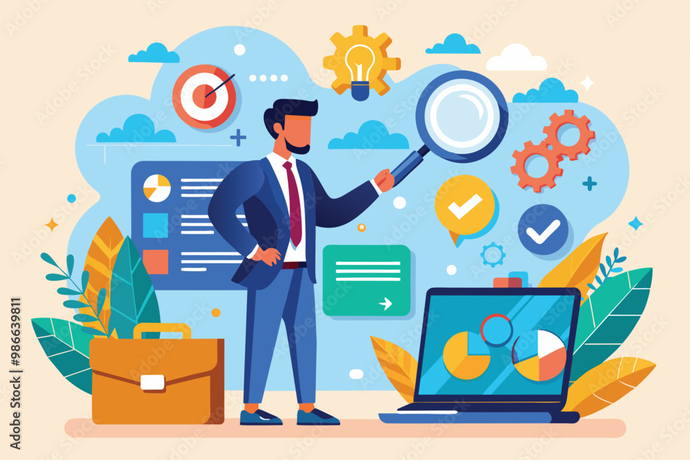 A professional man examines online options, seeking solutions for business problems while standing by his laptop, Businessman searching online for a solution, illustrated in a flat style. A professional man examines online options, seeking solutions for business problems while standing by his laptop, Businessman searching online for a solution, illustrated in a flat style.