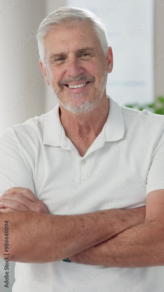 Happy, physiotherapy and face of man with crossed arms for help, medical support or physical therapy. Healthcare, professional and portrait of chiropractor for rehabilitation, recovery and wellness Happy, physiotherapy and face of man with crossed arms for help, medical support or physical therapy. Healthcare, professional and portrait of chiropractor for rehabilitation, recovery and wellness