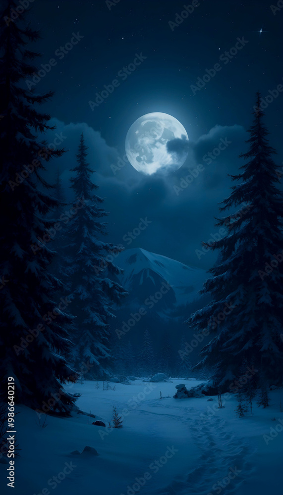 Naklejka premium A dark minimalistic scene featuring a moonlit snowy landscape, creating a serene and tranquil atmosphere, with soft shadows and a tranquil ambiance