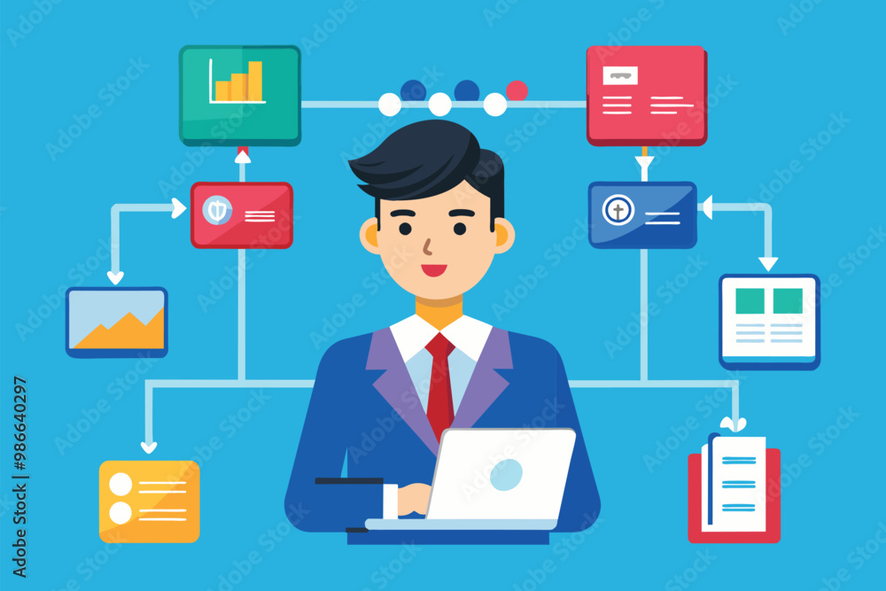 A businessman actively works with flowcharts and data visuals while seated at his desk in an office, Businessman using flowchart and data, simple illustration. A businessman actively works with flowcharts and data visuals while seated at his desk in an office, Businessman using flowchart and data, simple illustration.