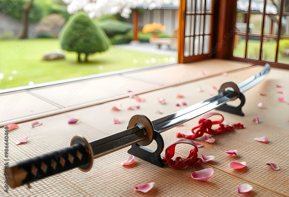 a samurai sword resting on a traditional Japanese tatami mat, with cherry blossom petals scattered around and a serene garden view in the background create with ai a samurai sword resting on a traditional Japanese tatami mat, with cherry blossom petals scattered around and a serene garden view in the background create with ai