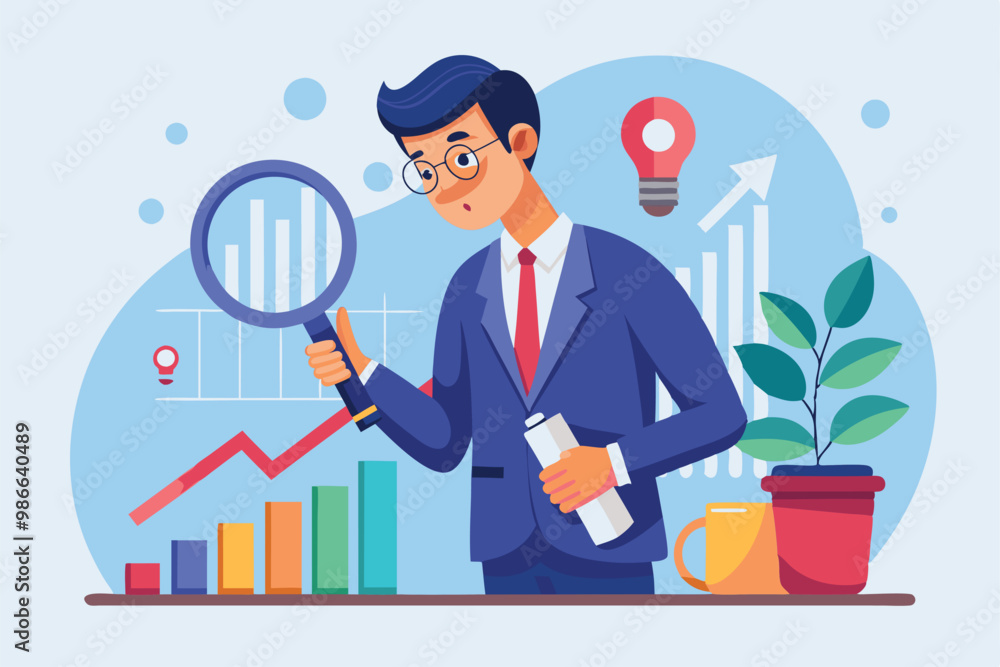 A businessman examines data trends with a magnifying glass in a contemporary office environment, Businessman using magnifying glass to analyze flat trending graph illustration. A businessman examines data trends with a magnifying glass in a contemporary office environment, Businessman using magnifying glass to analyze flat trending graph illustration.
