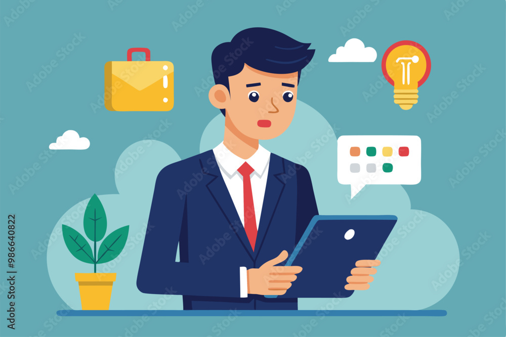 A businessman in a suit looks thoughtfully at his tablet, engaging with trending notifications during work, Businessman using tablet with trending notification, simple illustration. A businessman in a suit looks thoughtfully at his tablet, engaging with trending notifications during work, Businessman using tablet with trending notification, simple illustration.