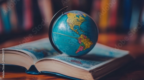 A small Earth globe lies on an open book with geographical maps, geography, travel, planet, continents, oceans