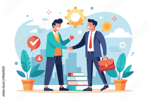 Two businessmen smile and shake hands, agreeing to collaborate on a cooperative venture together, Businessmen agree to partner up for a cooperative project, illustrated in a flat style.