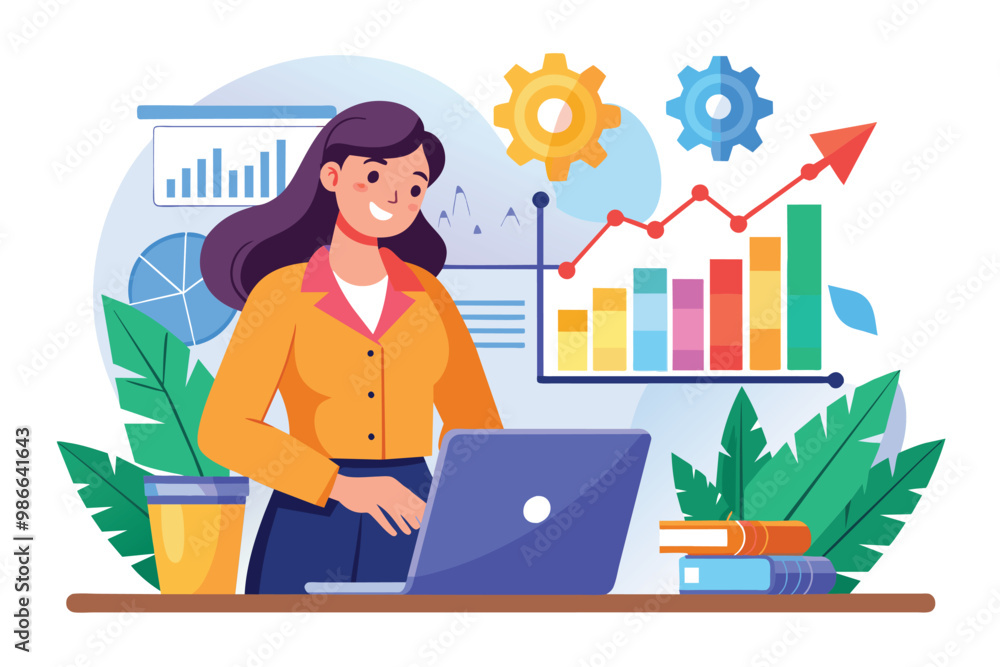 A businesswoman looks at growth data on her laptop while analyzing charts and graphs, Businesswoman analyzing company growth data, flat illustration. A businesswoman looks at growth data on her laptop while analyzing charts and graphs, Businesswoman analyzing company growth data, flat illustration.