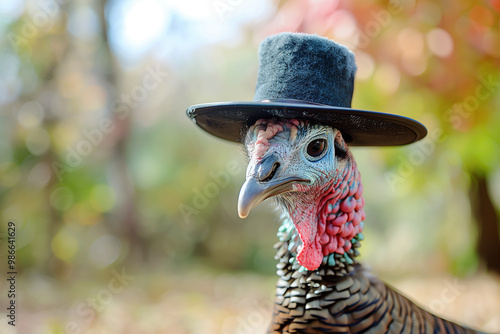 Turkey Dressed As a Colonist Wearing a Pilgrim Hat to Celebrate Thanksgiving Tradition with a Humorous Twist photo