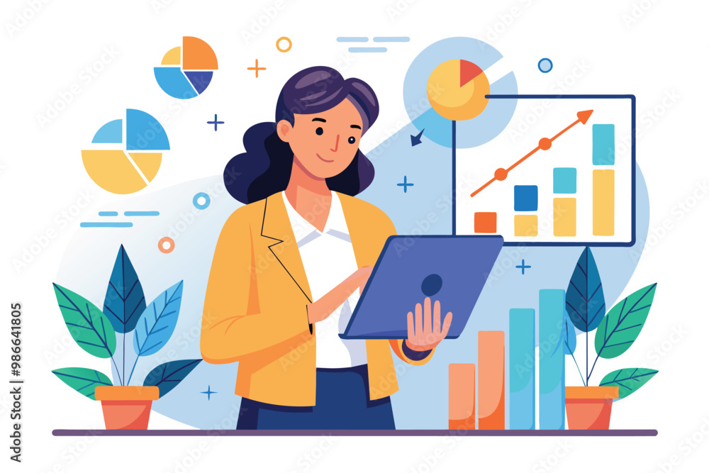 A businesswoman reviews data trends on a tablet in a modern workspace filled with graphs and greenery, Businesswoman analyzing data with a graph, simple illustration. A businesswoman reviews data trends on a tablet in a modern workspace filled with graphs and greenery, Businesswoman analyzing data with a graph, simple illustration.
