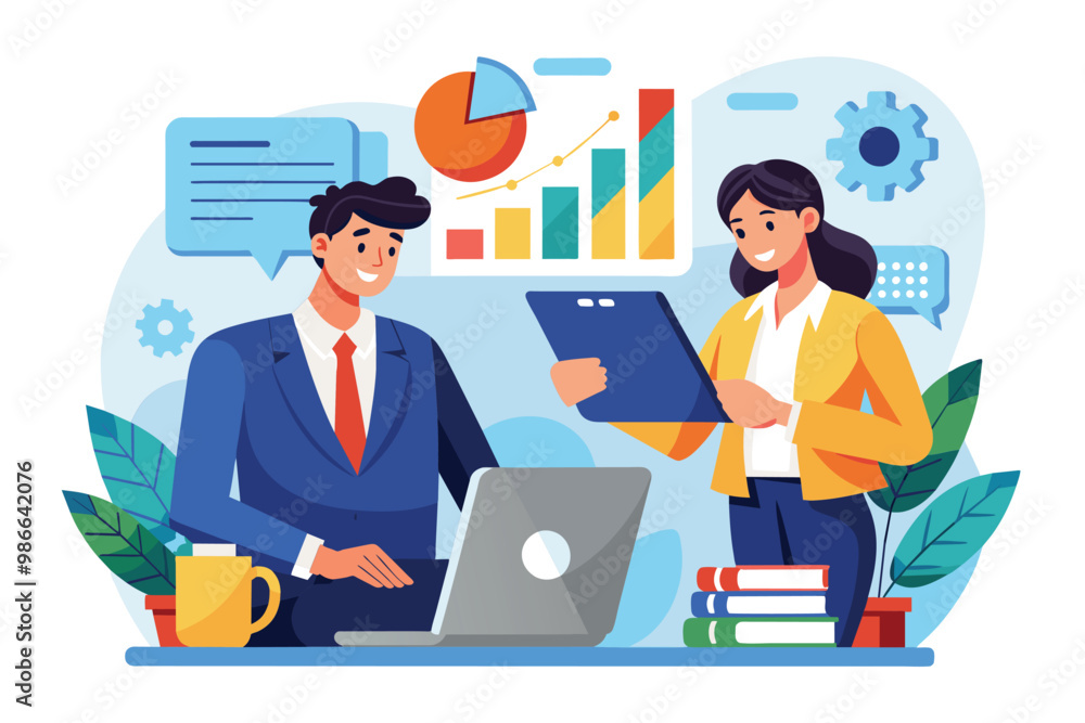 A businesswoman and businessman collaborate over a diagram while discussing insights at a desk, Businesswoman and businessman analyzing a diagram document in a flat illustration. A businesswoman and businessman collaborate over a diagram while discussing insights at a desk, Businesswoman and businessman analyzing a diagram document in a flat illustration.
