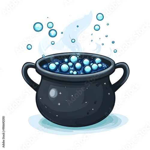 A magical black cauldron bubbling with blue potion and steam, perfect for fantasy and Halloween themes. photo