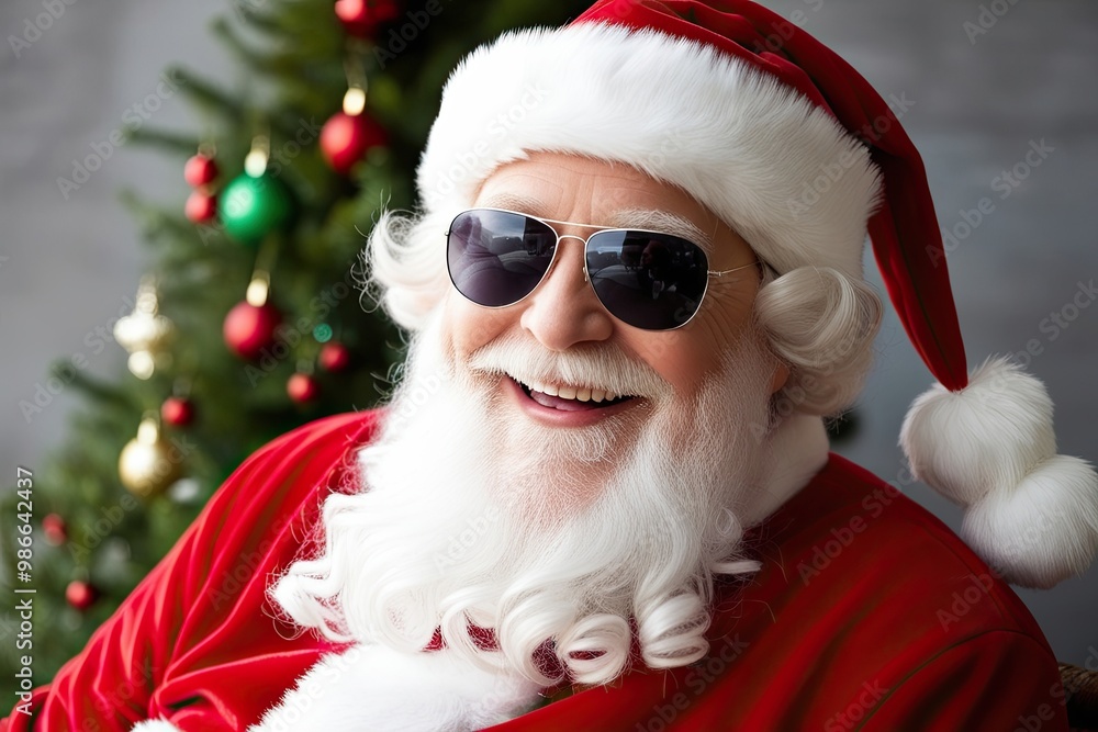 Cheerful Santa Claus Wearing Sunglasses in Festive Christmas Atmosphere with Joyful Holiday Spirit Cheerful Santa Claus Wearing Sunglasses in Festive Christmas Atmosphere with Joyful Holiday Spirit