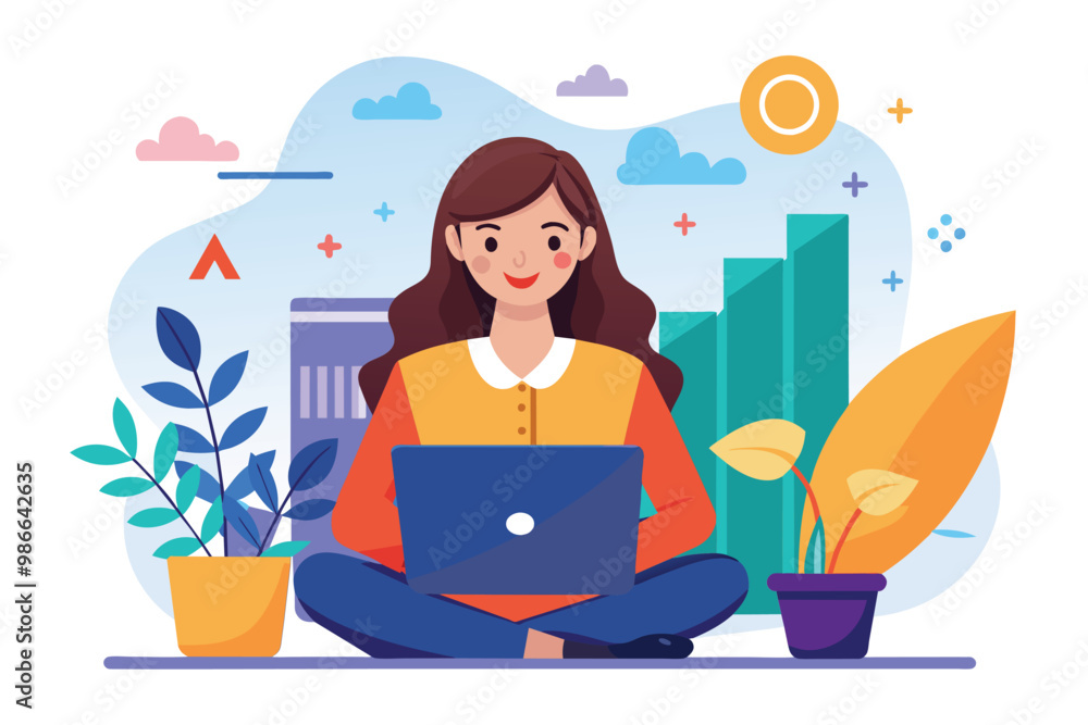 Businesswoman on a laptop amidst plants in a bright office, symbolizing growth, Businesswoman with laptop symbolizing progress in business growth and development, depicted in a flat illustration. Businesswoman on a laptop amidst plants in a bright office, symbolizing growth, Businesswoman with laptop symbolizing progress in business growth and development, depicted in a flat illustration.