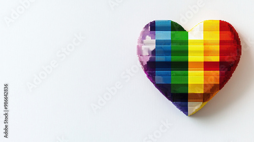 a vibrant rainbow-hued pixel art heart isolated on white, space for text