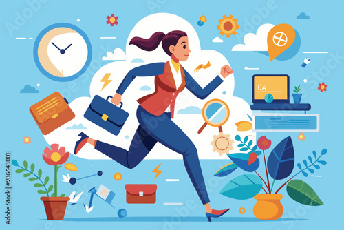 Busy businesswoman hurries to meet a deadline in a colorful office environment, Busy businesswoman racing against time to meet company deadlines, illustrated in a flat style.