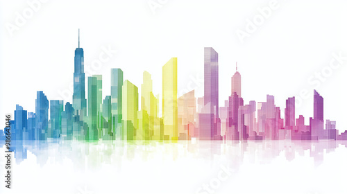 a modern pixel art cityscape in rainbow colors against a pure white backdrop