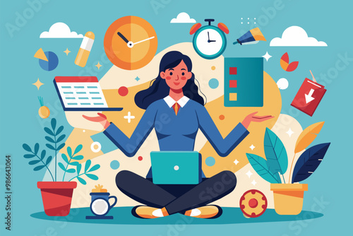 A busy woman is focused on her work, managing multiple tasks and deadlines with determination at her desk, Busy woman trying to meet a deadline, illustrated in a flat style.