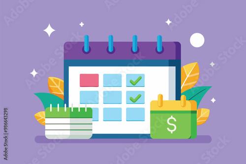 A calendar with checkboxes for tracking bill payments alongside financial reminders for budgeting, Calendar for paying bills with flat design.