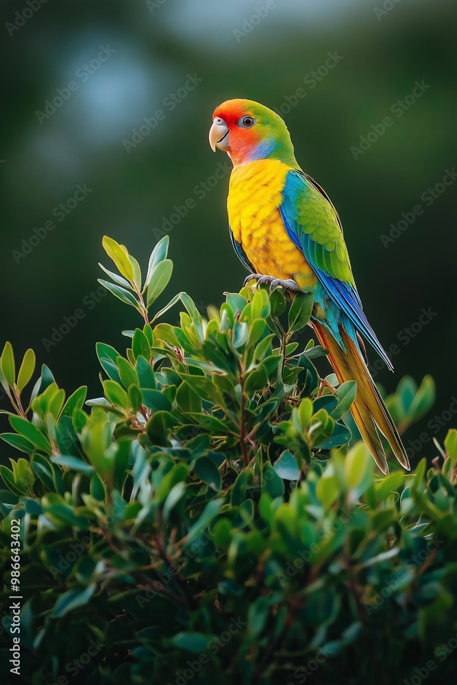 A colorful parrot perched on a green bush. The bird is yellow and blue with a red beak A colorful parrot perched on a green bush. The bird is yellow and blue with a red beak