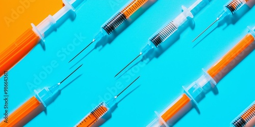 A row of syringes are lined up on a blue background. The syringes are orange and black