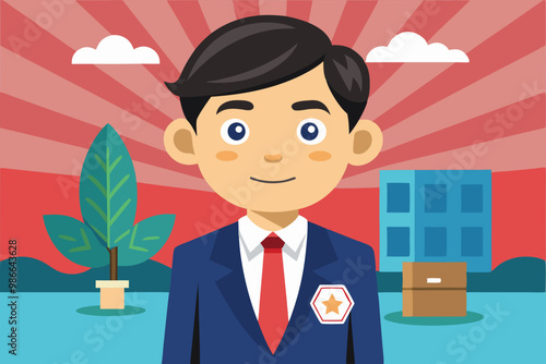 A friendly cartoon character dressed in a suit smiles, surrounded by trees and buildings, ready for campaigning, Candidate Cartoon Illustration