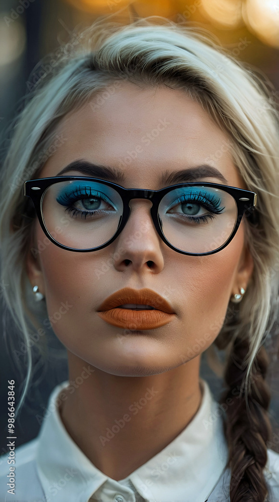Striking Closeup of a Woman With Bold Blue Eyeshadow Black Glasses and Orange Matte Lipstick Wearing a Braided Hairstyle Striking Closeup of a Woman With Bold Blue Eyeshadow Black Glasses and Orange Matte Lipstick Wearing a Braided Hairstyle