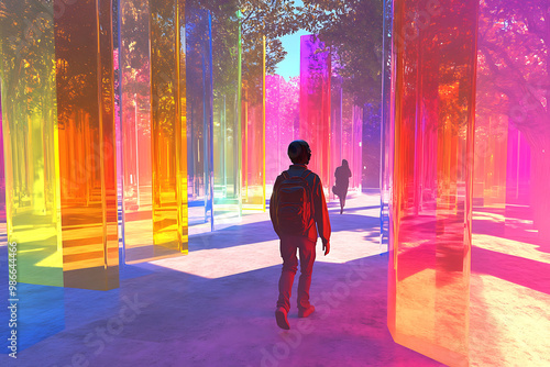 Augmented reality experience where users walk through virtual sculpture garden with 3D shapes shifting and growing as they move through the space