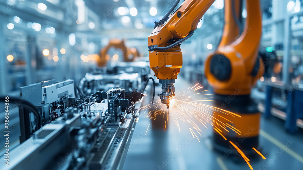 Robotic arm sparks innovation in car manufacturing workshop during a precise assembly process Robotic arm sparks innovation in car manufacturing workshop during a precise assembly process