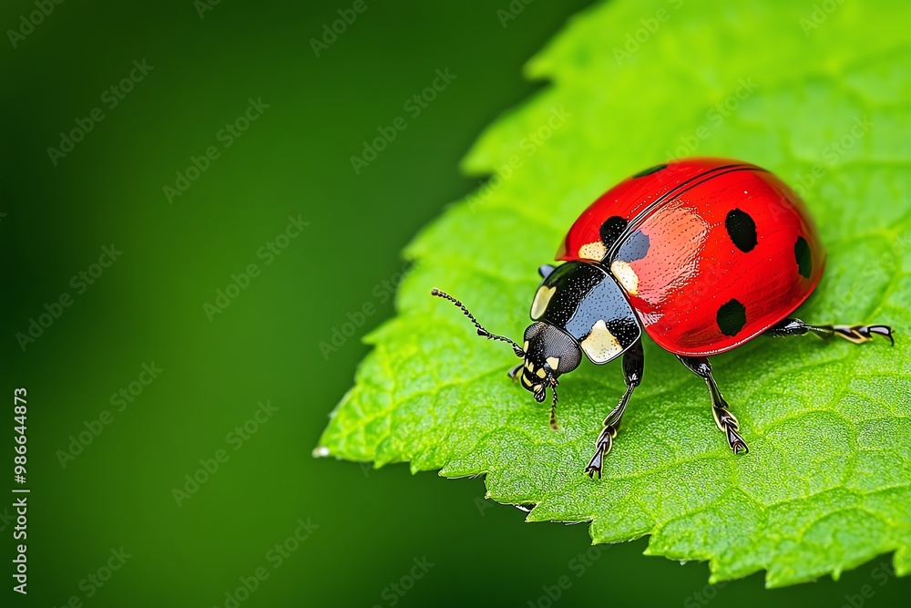 A close-up of a ladybug on a green leaf, adding a pop of color in a natural setting A close-up of a ladybug on a green leaf, adding a pop of color in a natural setting